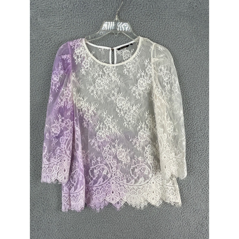 Massimo Dutti Lace Blouse Women 10 White Purple Excellent Ombre Floral Sheer Top